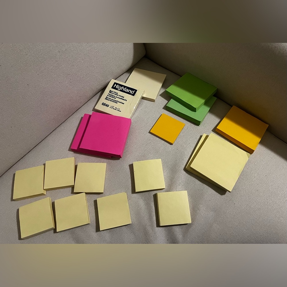 17 Used Post-It’s and 1 Highland New Sticky Notes Lot - Pink, Yellow, Green